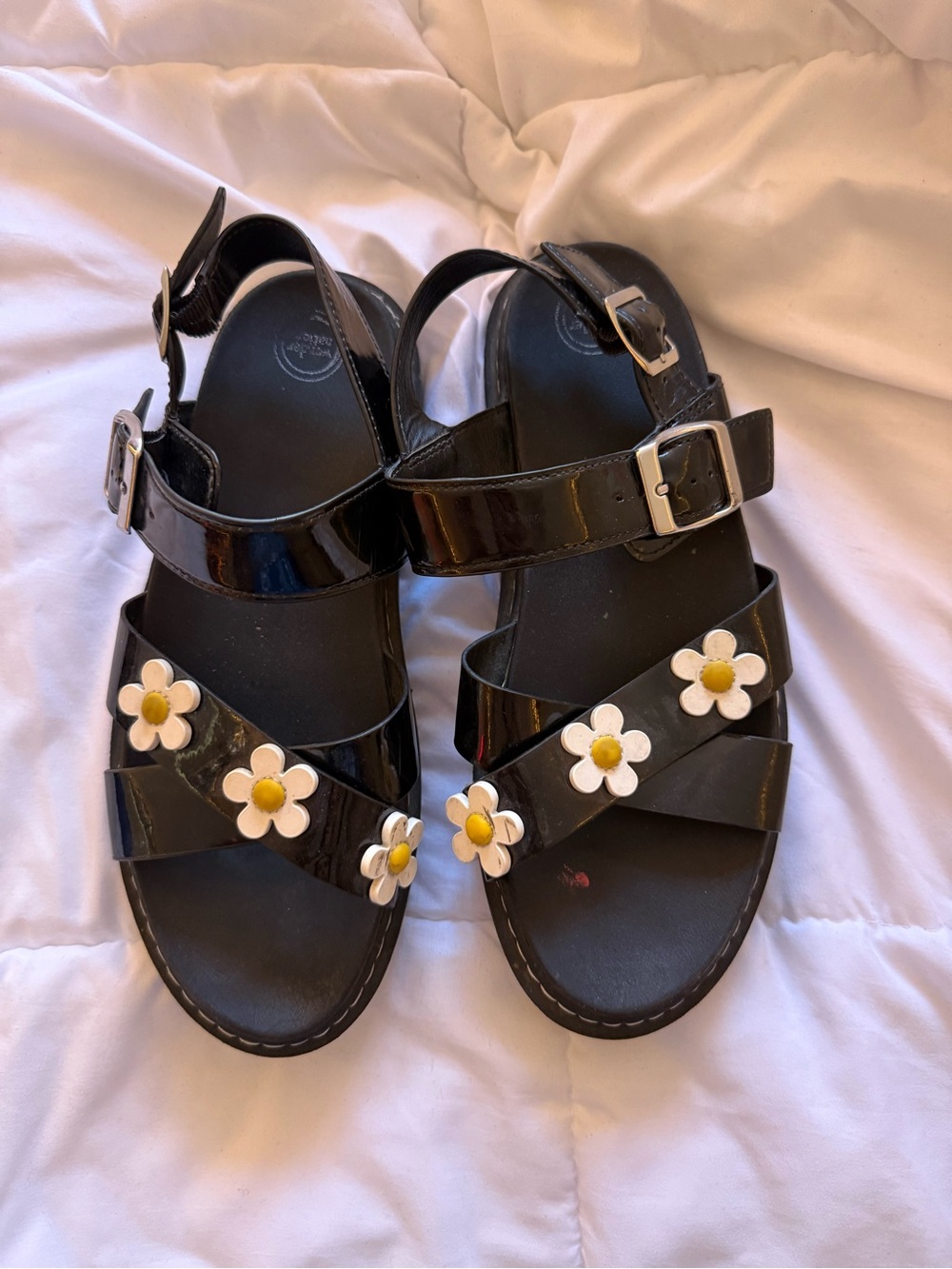 Girls' Black Patent Sandals with White Daisy Accents Knock off Doc Martens